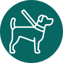 White outline of a dog wearing a harness or leash on a dark teal circular background.