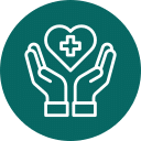 White icon of two hands holding a heart with a medical cross, on a dark green circular background, representing healthcare or medical support.