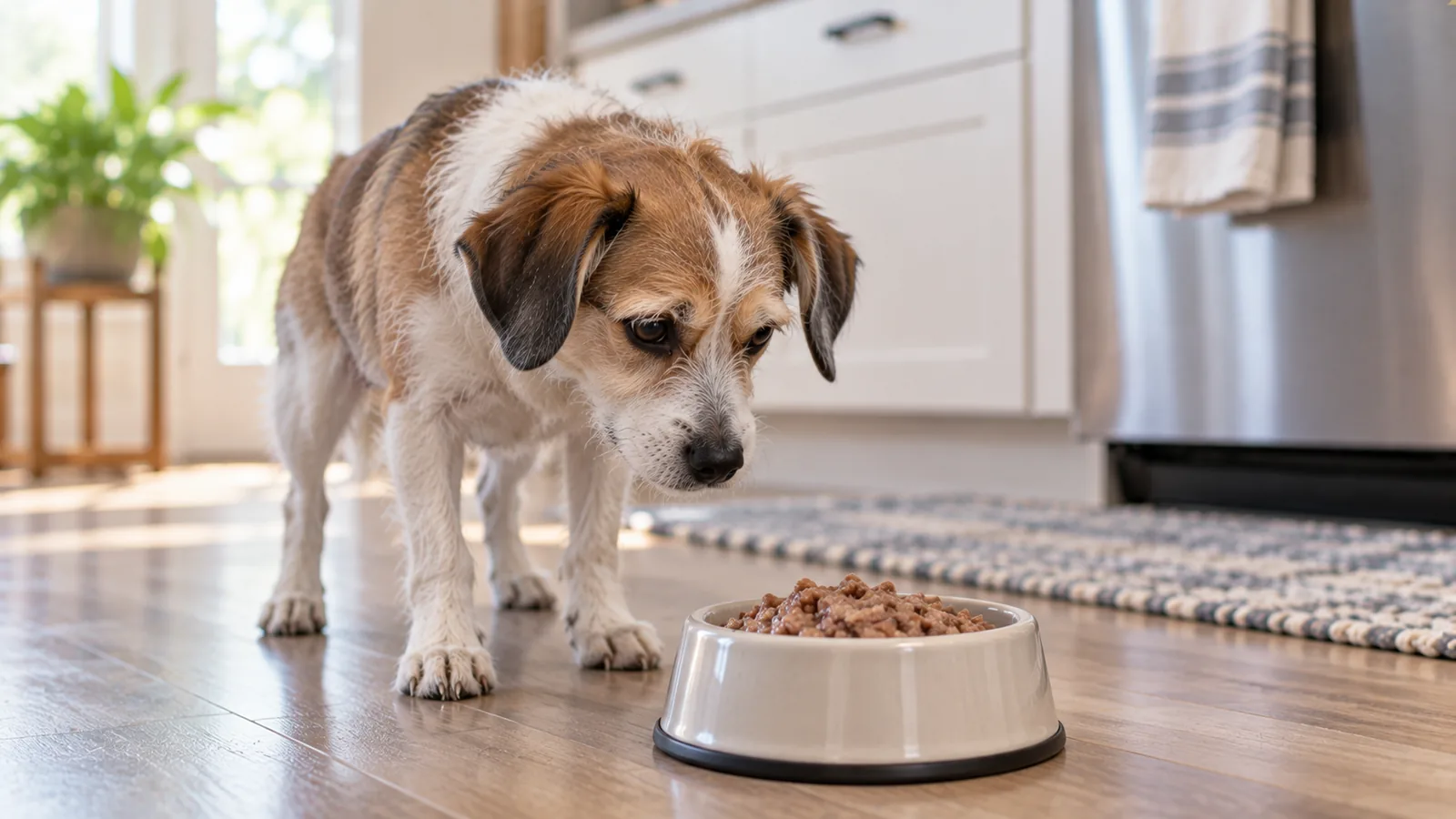 A scruffy tan and white terrier mix standing over a bowl of soft wet food, head lowered toward it.